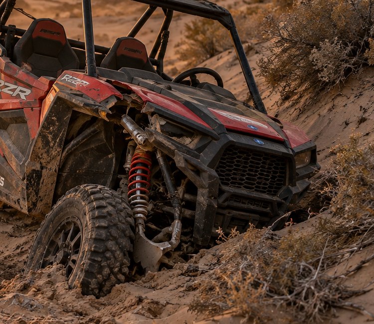 Close detail of a Polaris RZR-style UTV front end in sand after impact, showing roll cage tubing, knobby tire, and red suspension spring