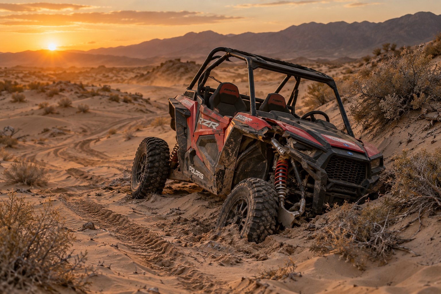 Red and black Polaris RZR-style UTV crashed into a sand dune at desert sunset, with tire tracks leading toward the impact