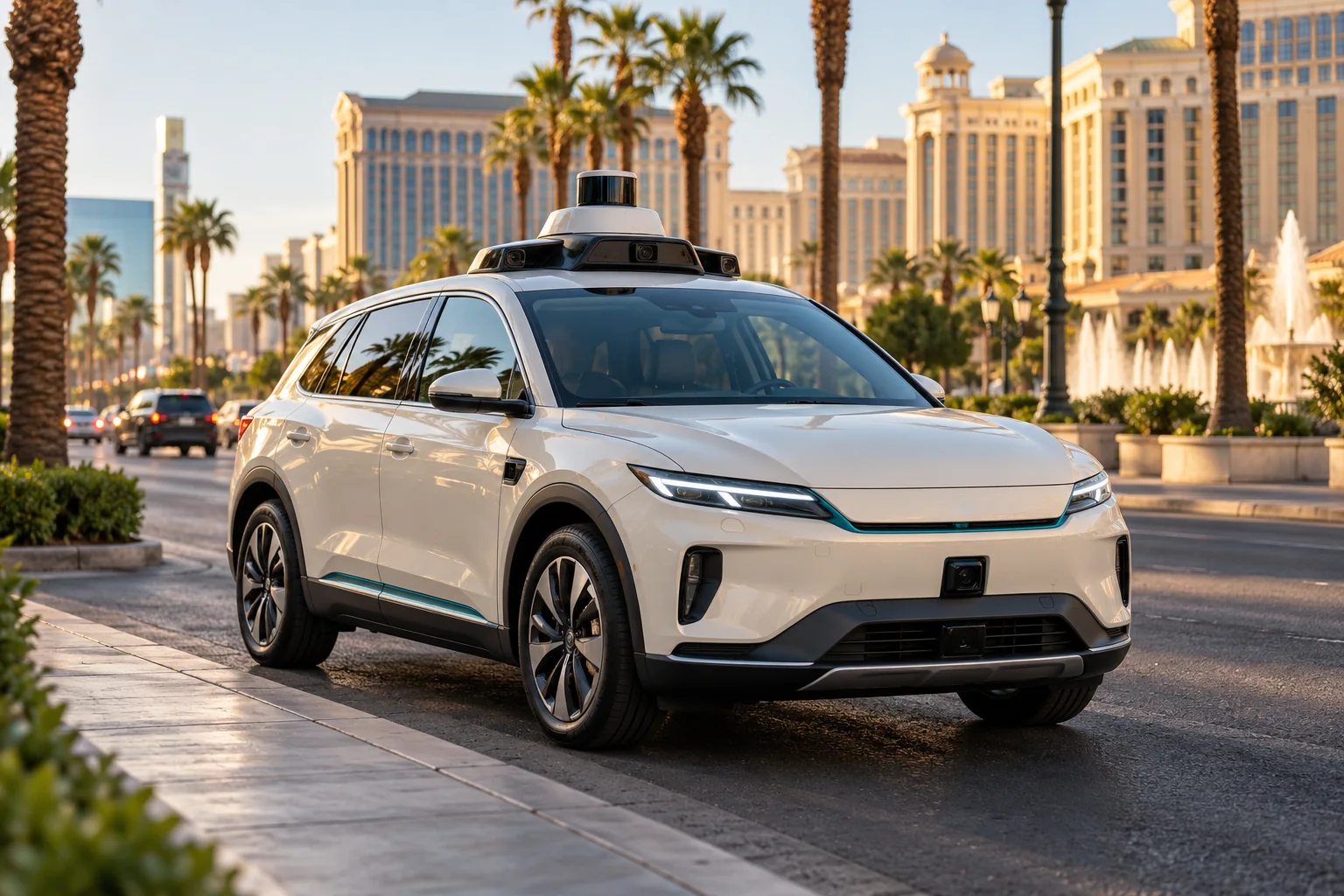 Illustrative autonomous vehicle with roof-mounted sensors on a Las Vegas boulevard