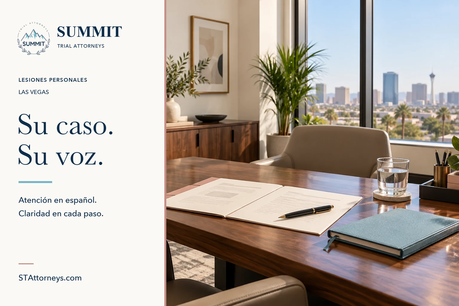 Mesa de consulta jurídica con documentos, una libreta azul y el mensaje «Su caso. Su voz.» de Summit Trial Attorneys.
