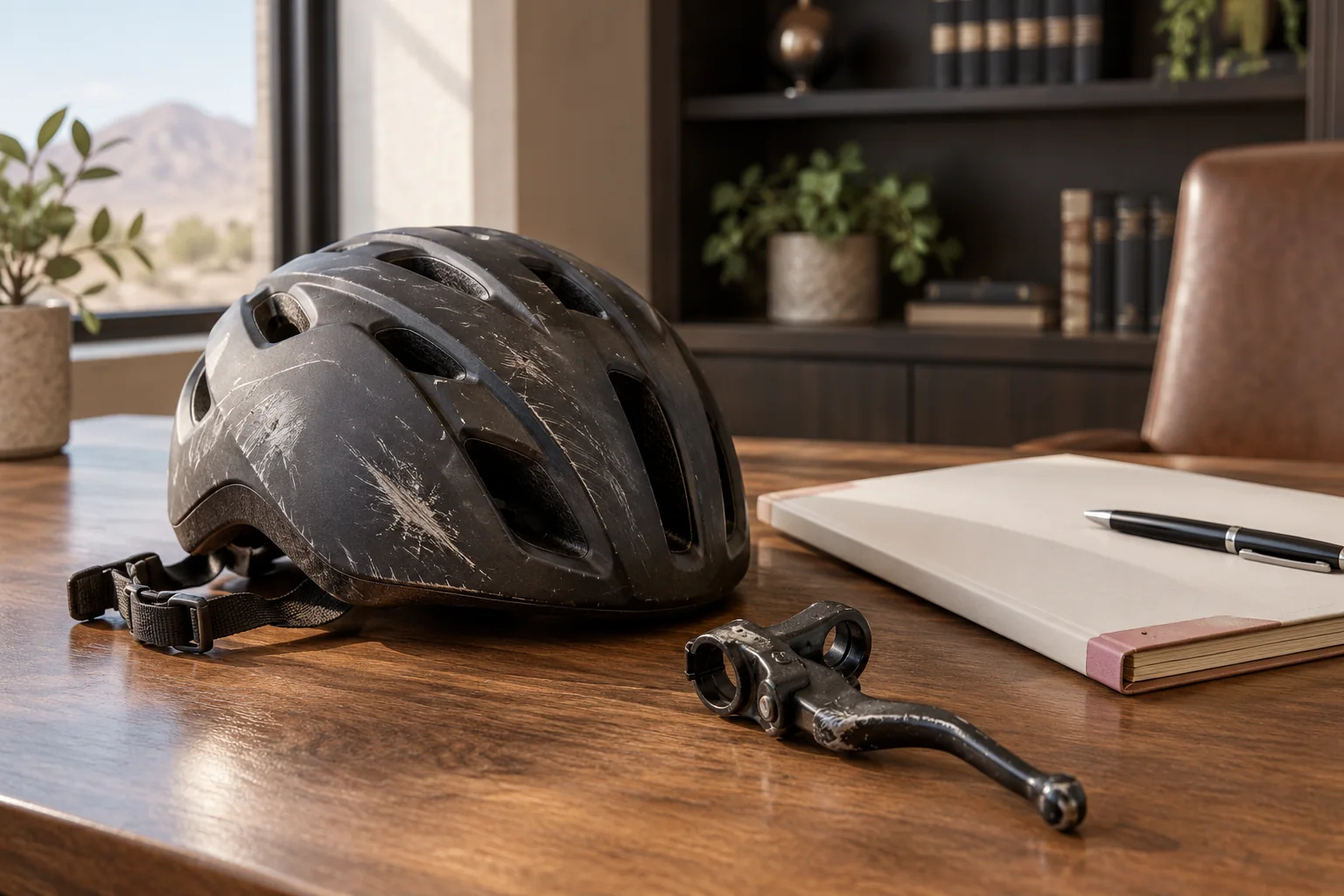 Scuffed helmet and brake lever beside a case folder; custom illustrative image