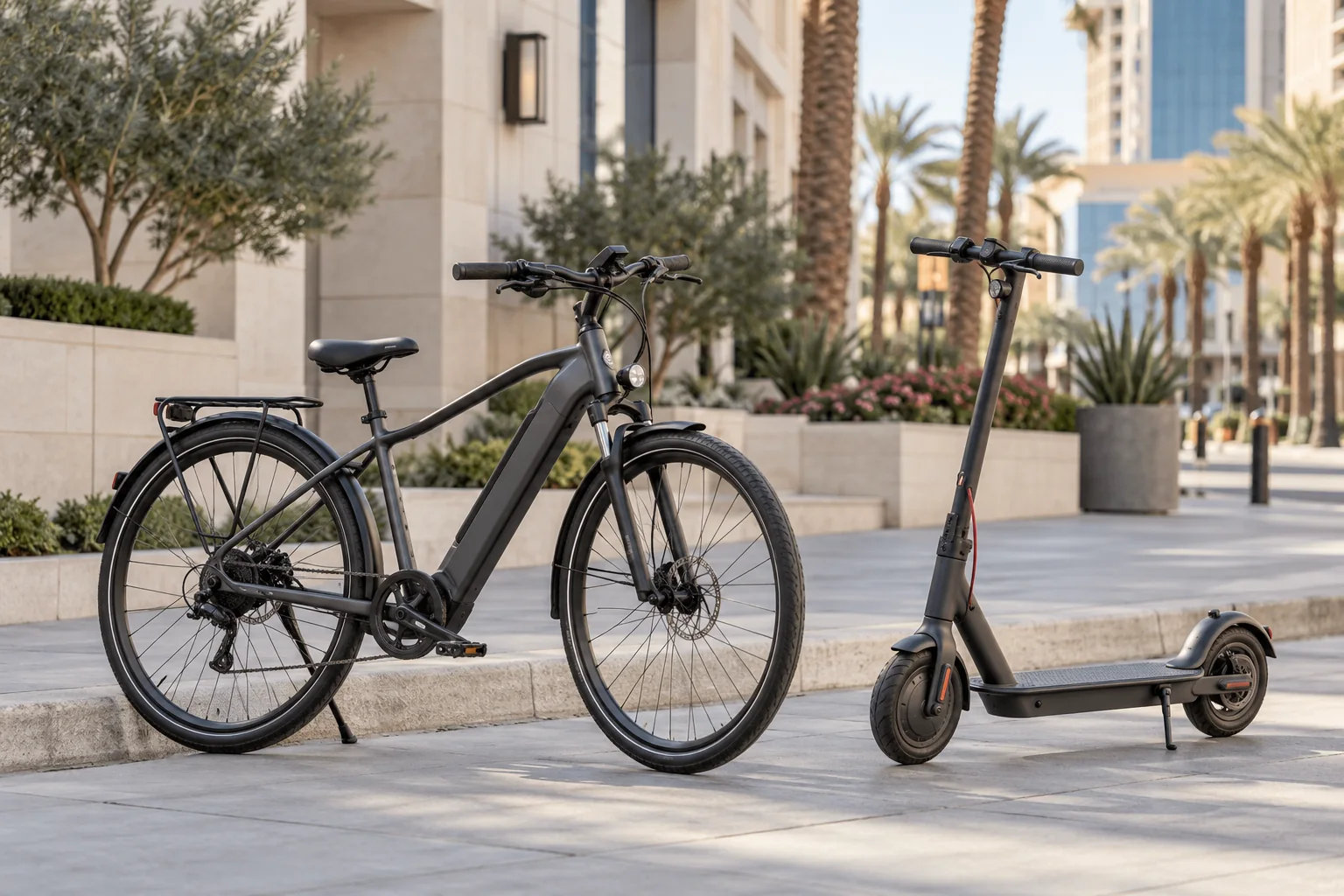 Electric bicycle and stand-up scooter beside an urban curb; custom illustrative image