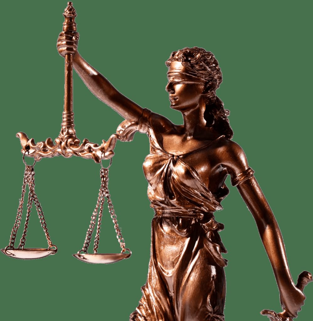 Bronze Lady Justice statue holding scales against a black background