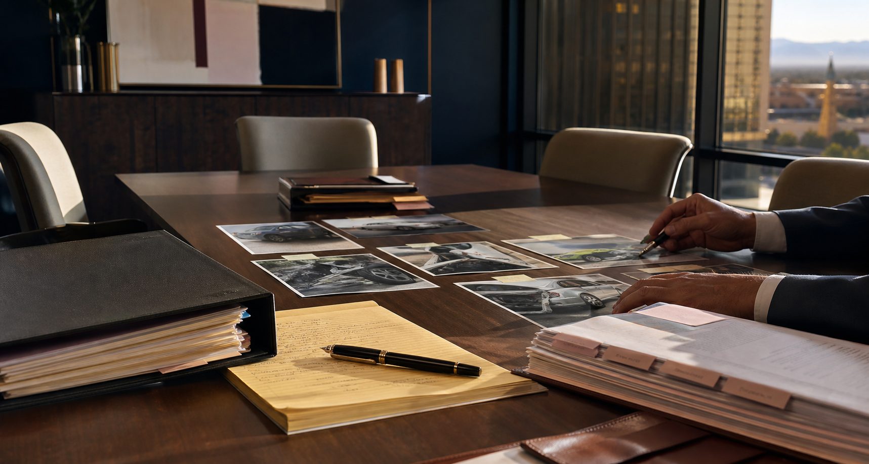 Hands reviewing crash photographs, a legal pad, and case files on a conference table