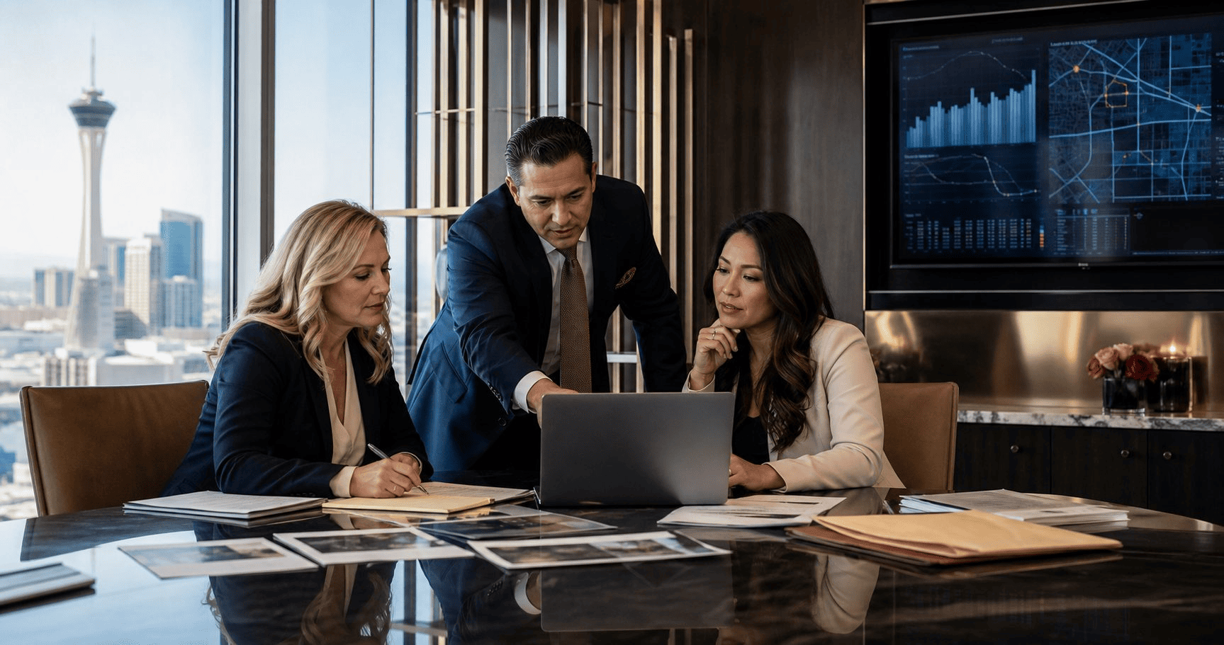 Three lawyers reviewing a laptop and documents at a conference table with the Las Vegas skyline behind them
