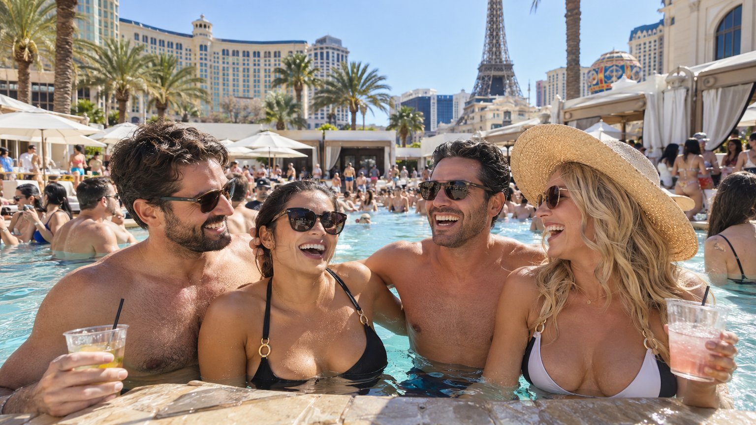 Las Vegas dayclub pool deck with turquoise water, draped cabanas, palms, DJ stage, and distant Strip towers, no logos