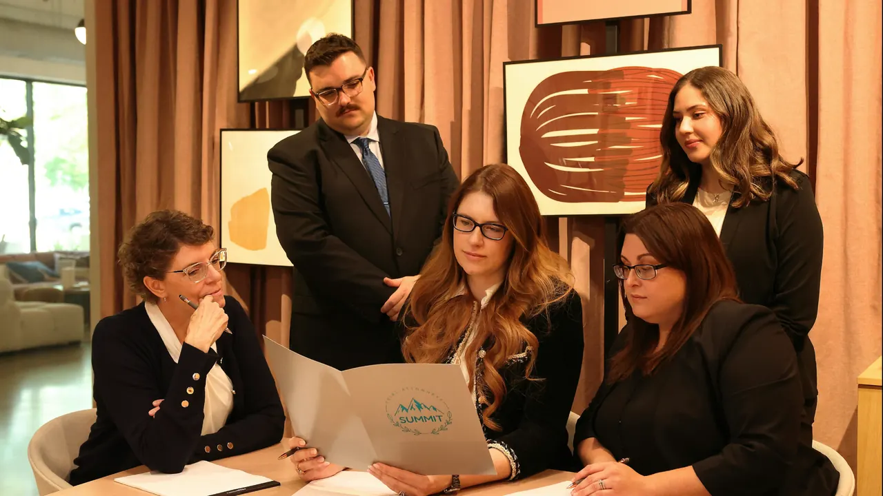 Summit Trial Attorneys team reviewing a case file together at the Las Vegas office