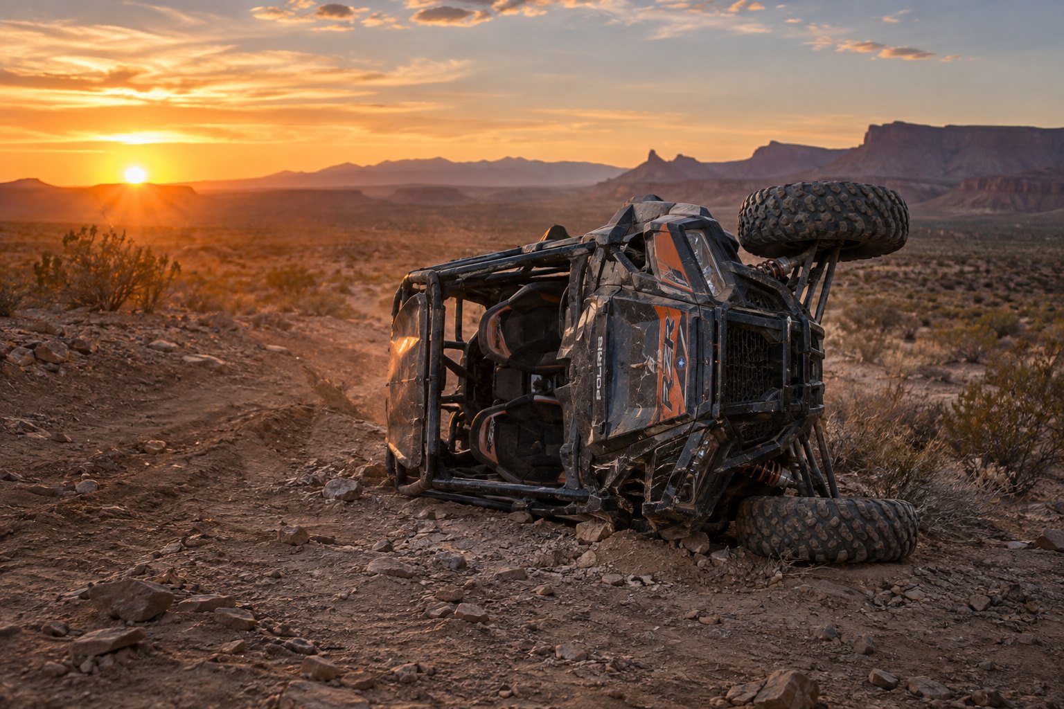Overturned dark Polaris RZR-style UTV on rocky Nevada desert terrain at sunset, with roll cage and knobby tires visible