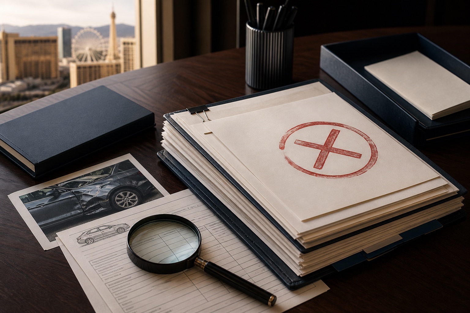 Denied claim binder, crash photograph, and magnifying glass on a desk overlooking Las Vegas