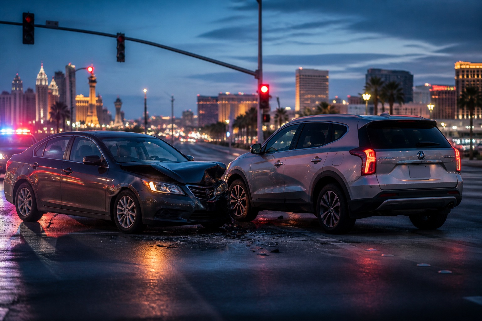 Dark sedan with a crumpled hood after a collision with an SUV on a wet Las Vegas street at night