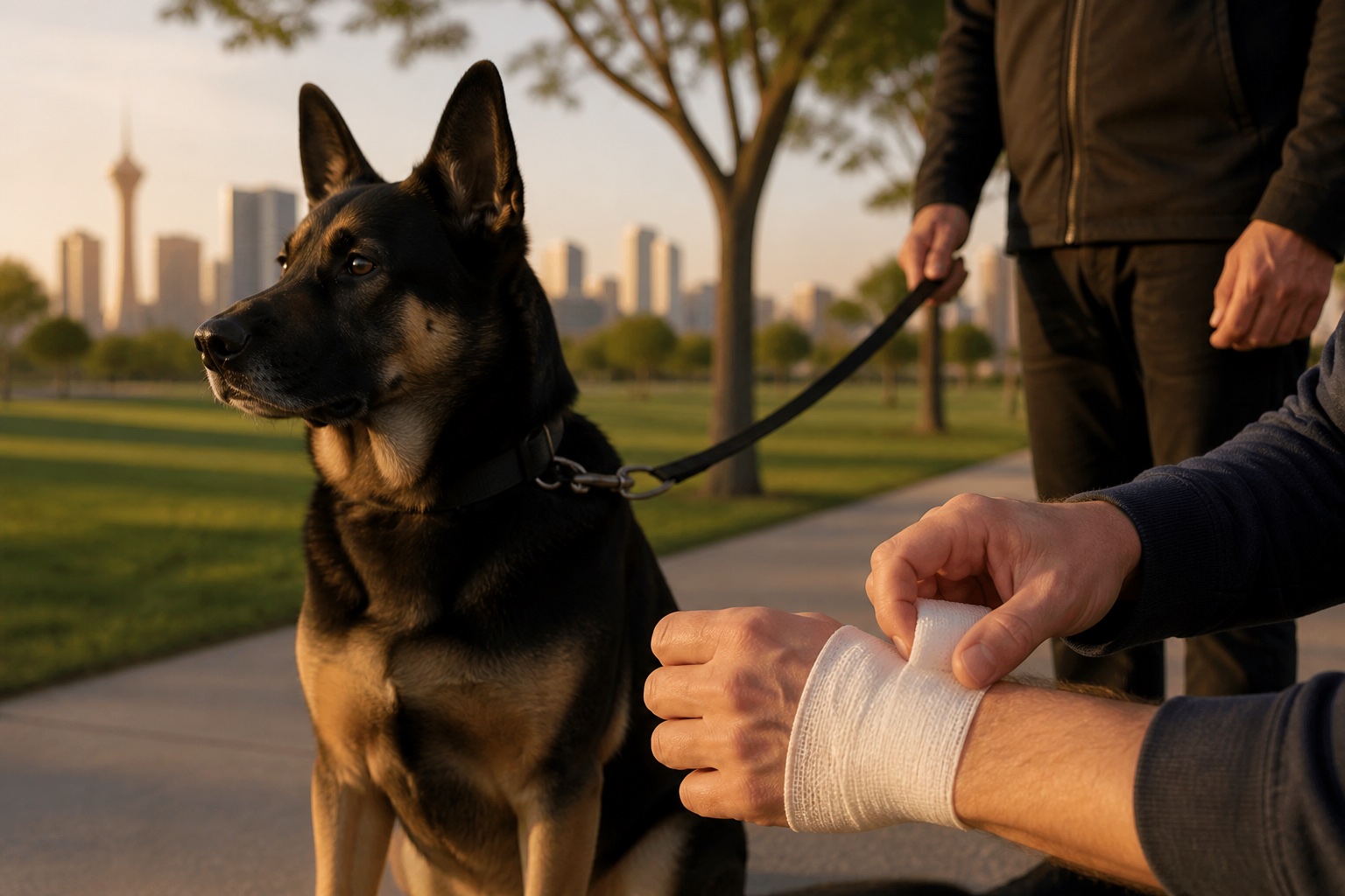 German shepherd on a leash in a Las Vegas park while a wrist is wrapped in a white bandage