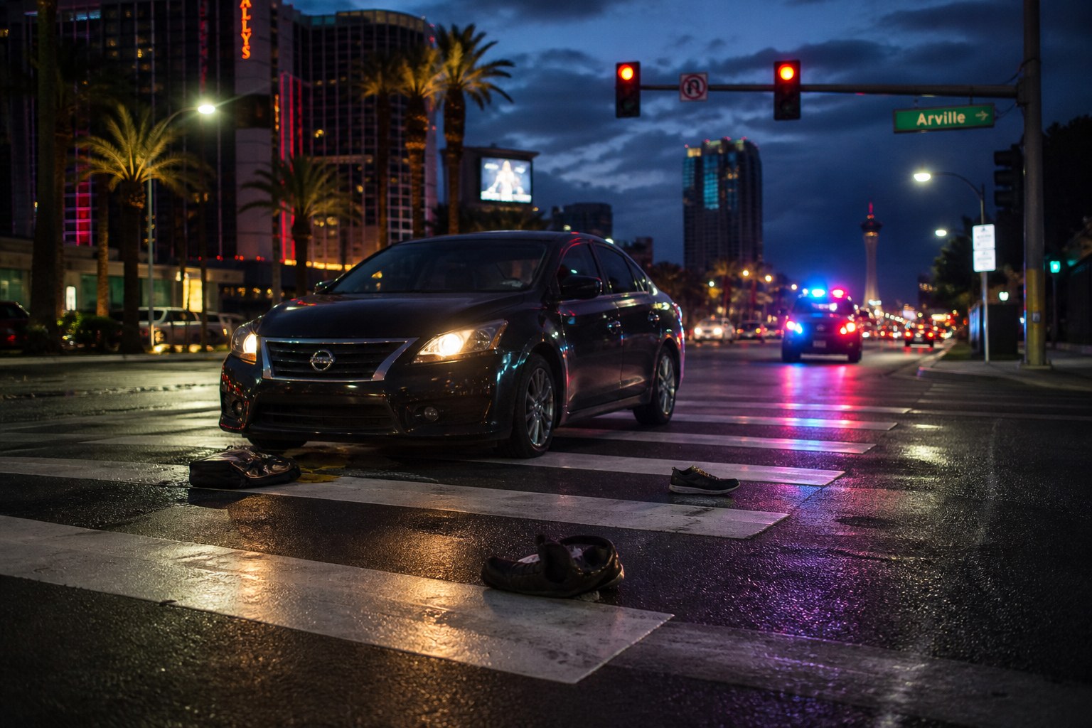 Nighttime Las Vegas crosswalk after a pedestrian crash, with a stopped car, scattered shoes, and emergency lights