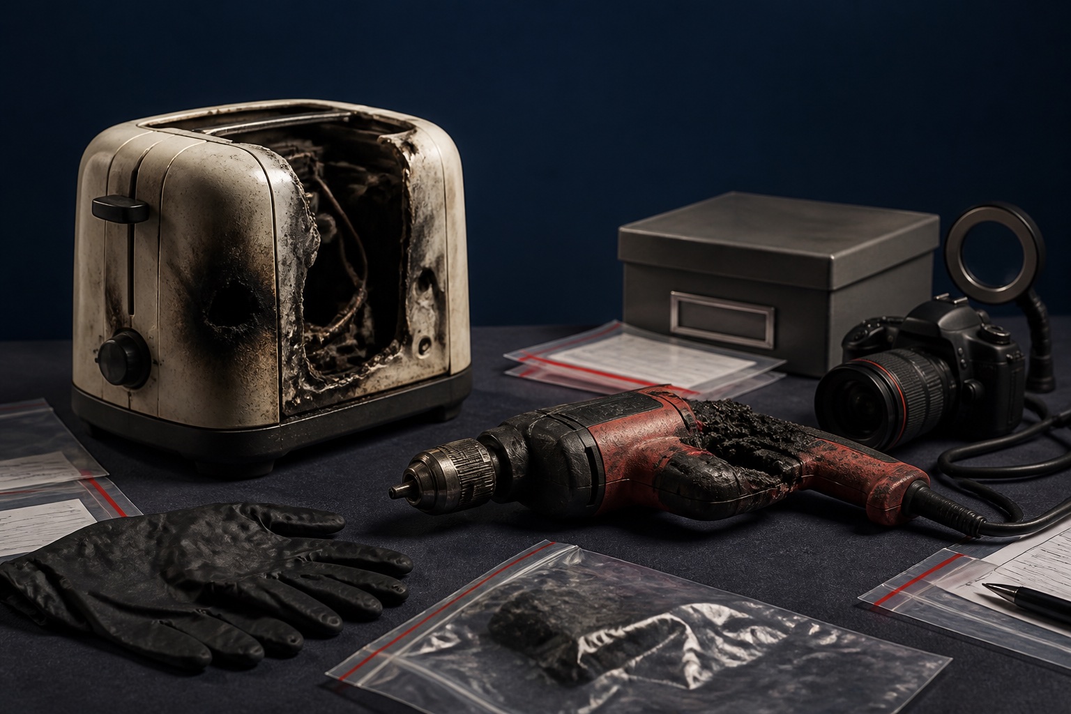 Fire-damaged toaster and melted power drill laid out with evidence bags and a camera