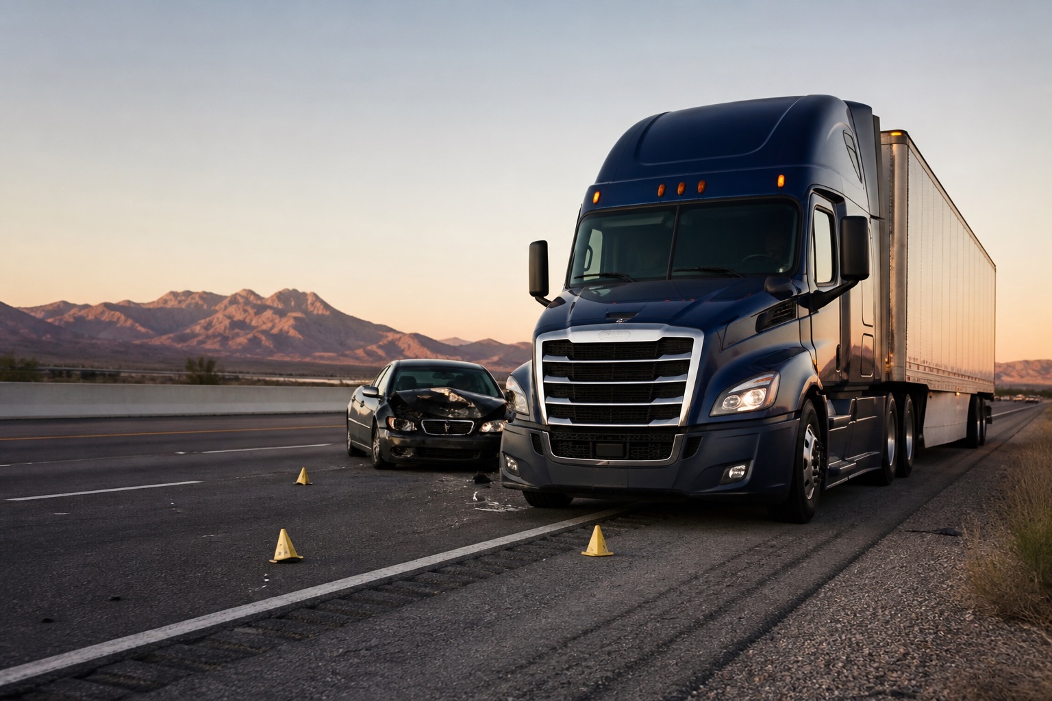 Blue semi-truck and a black sedan with a crumpled hood on a Nevada desert highway at dusk