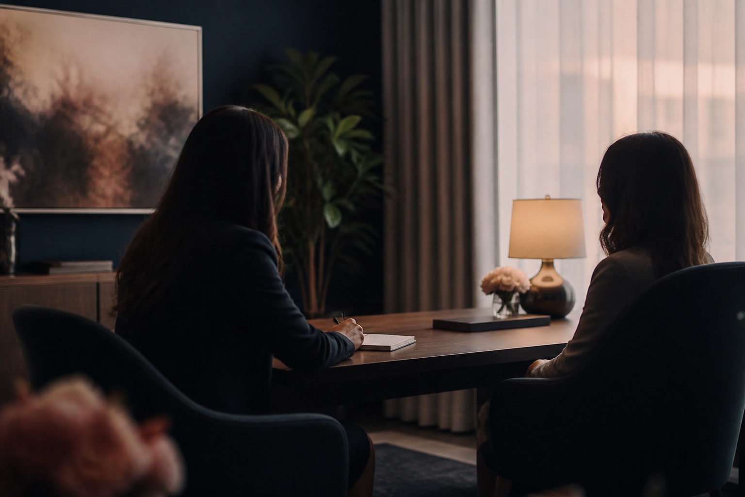 Two people in a quiet office consultation, faces not shown, at a desk with a lamp and flowers