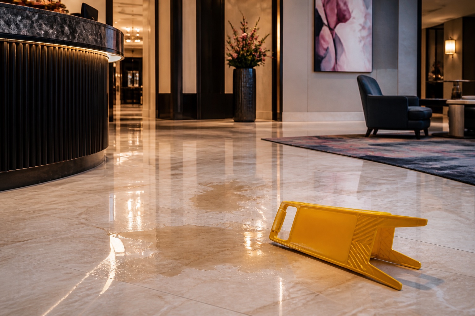 Yellow wet-floor sign lying on its side next to a spill on a marble hotel lobby floor
