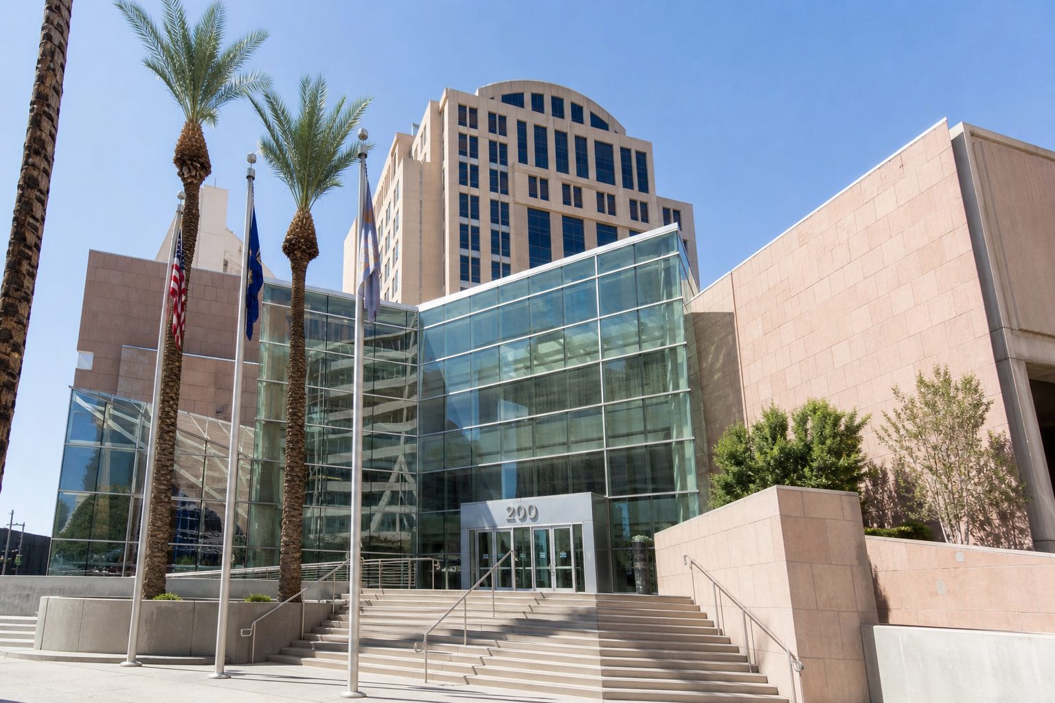 Regional Justice Center in downtown Las Vegas and mountains in the background