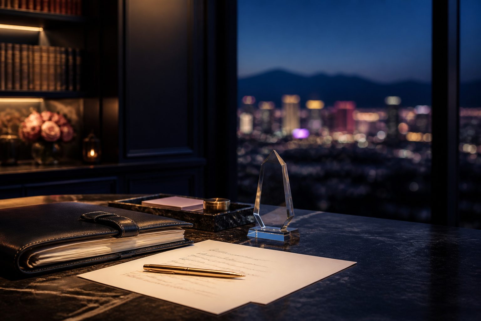 Crystal award, handwritten notes, and a gold pen on a dark desk overlooking the Las Vegas skyline at night