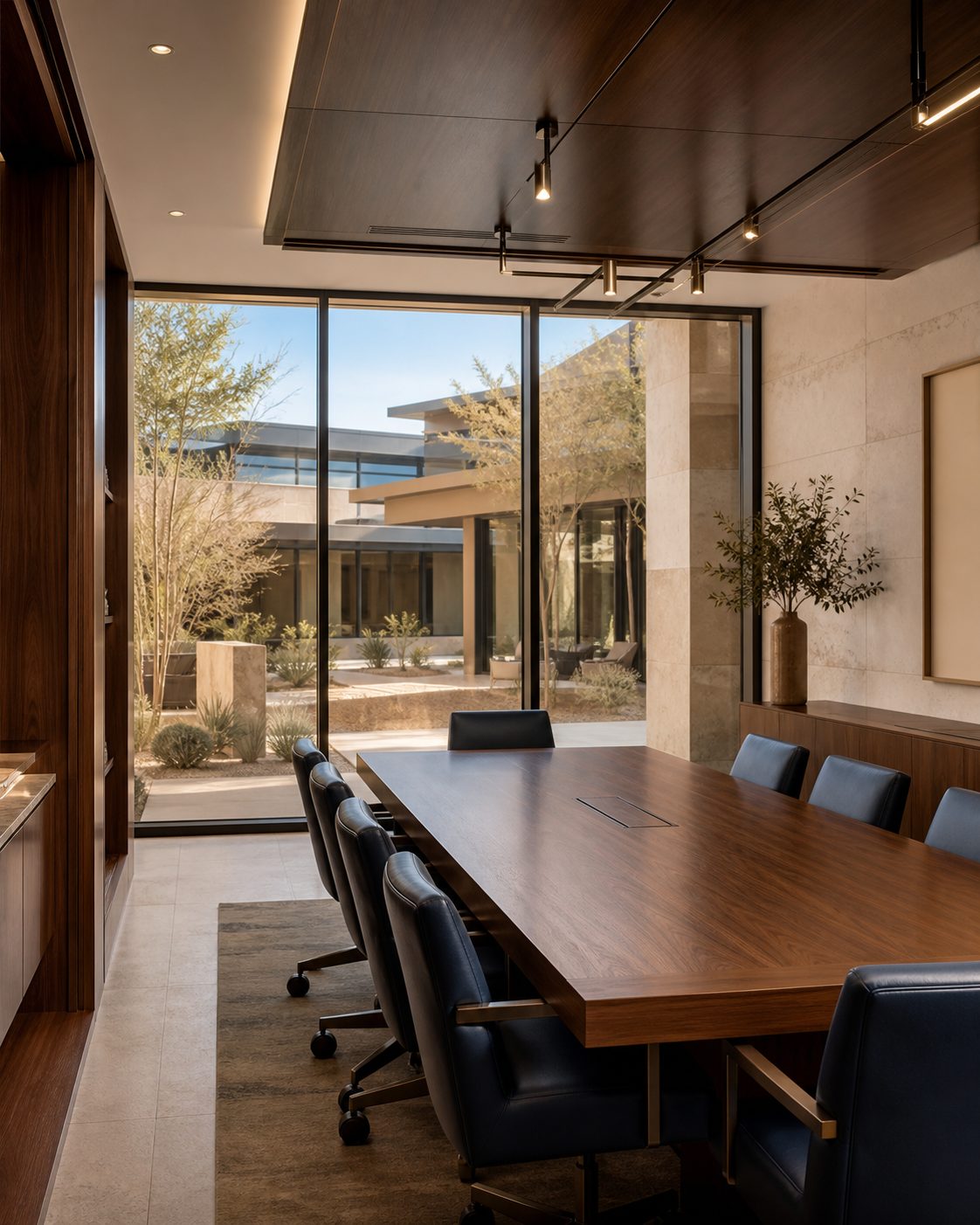 Conference room with a dark wood table and navy chairs overlooking the UnCommons courtyard in Las Vegas