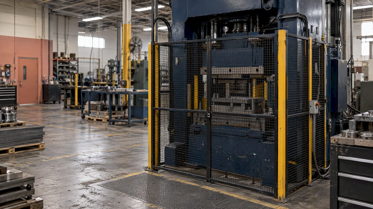 Heavy industrial press inside a safety cage