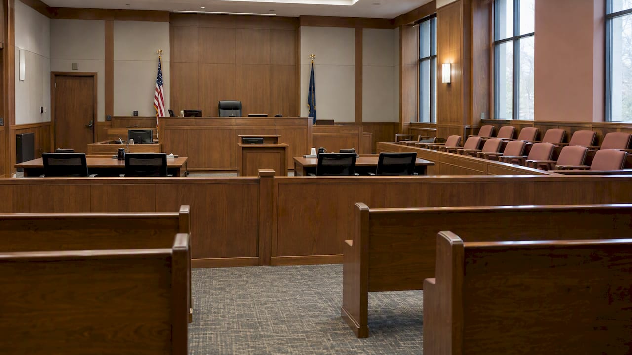 Judge’s bench and jury box in a courtroom