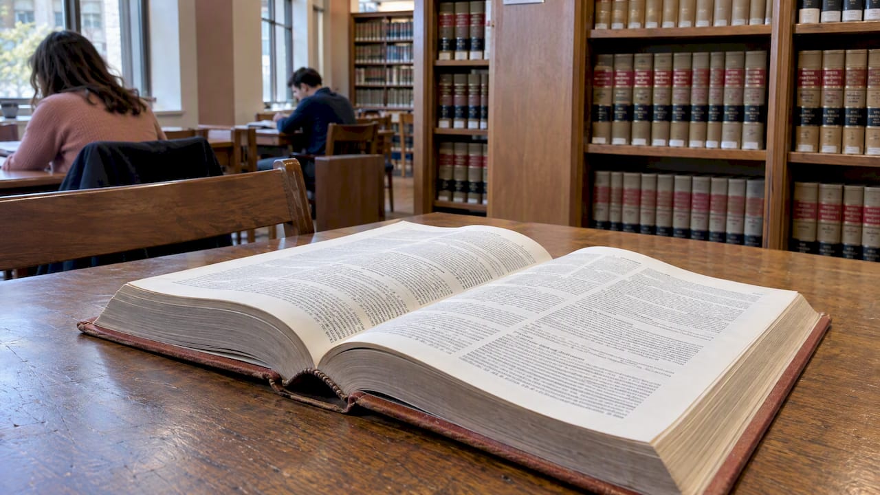 Open law code volume on a library table
