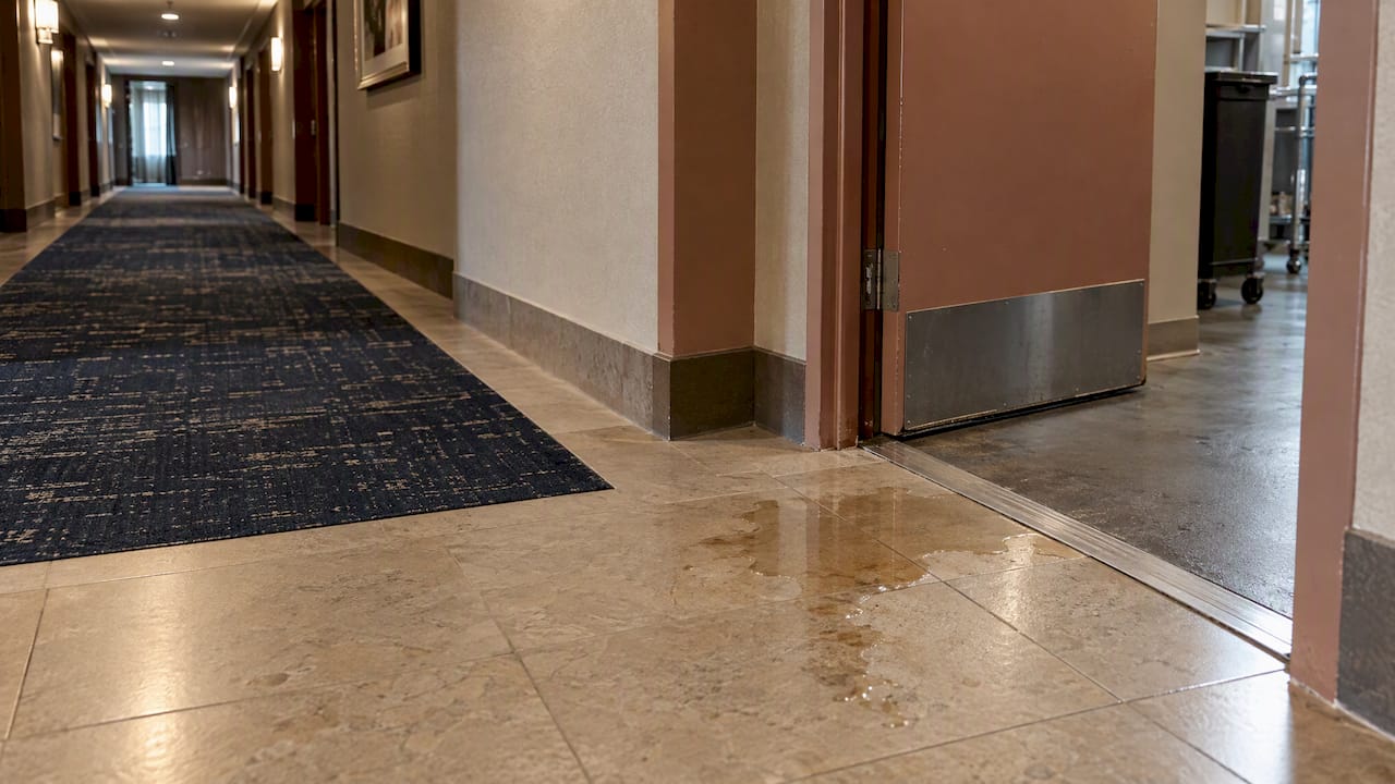 Wet patch on a hotel corridor floor